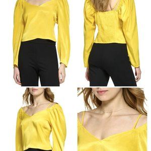 DKNY Off Shoulder Satin Top Sz L Long Sleeve Smocked Back Adjustable Straps